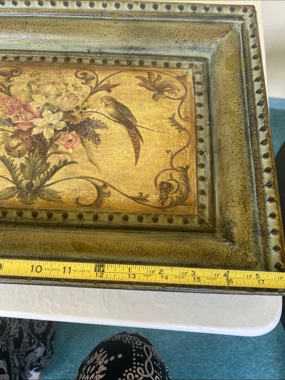 #2404*”12x18” Vintage-Inspired Floral & Bird Tray Art in Green - Picture 4 of 14